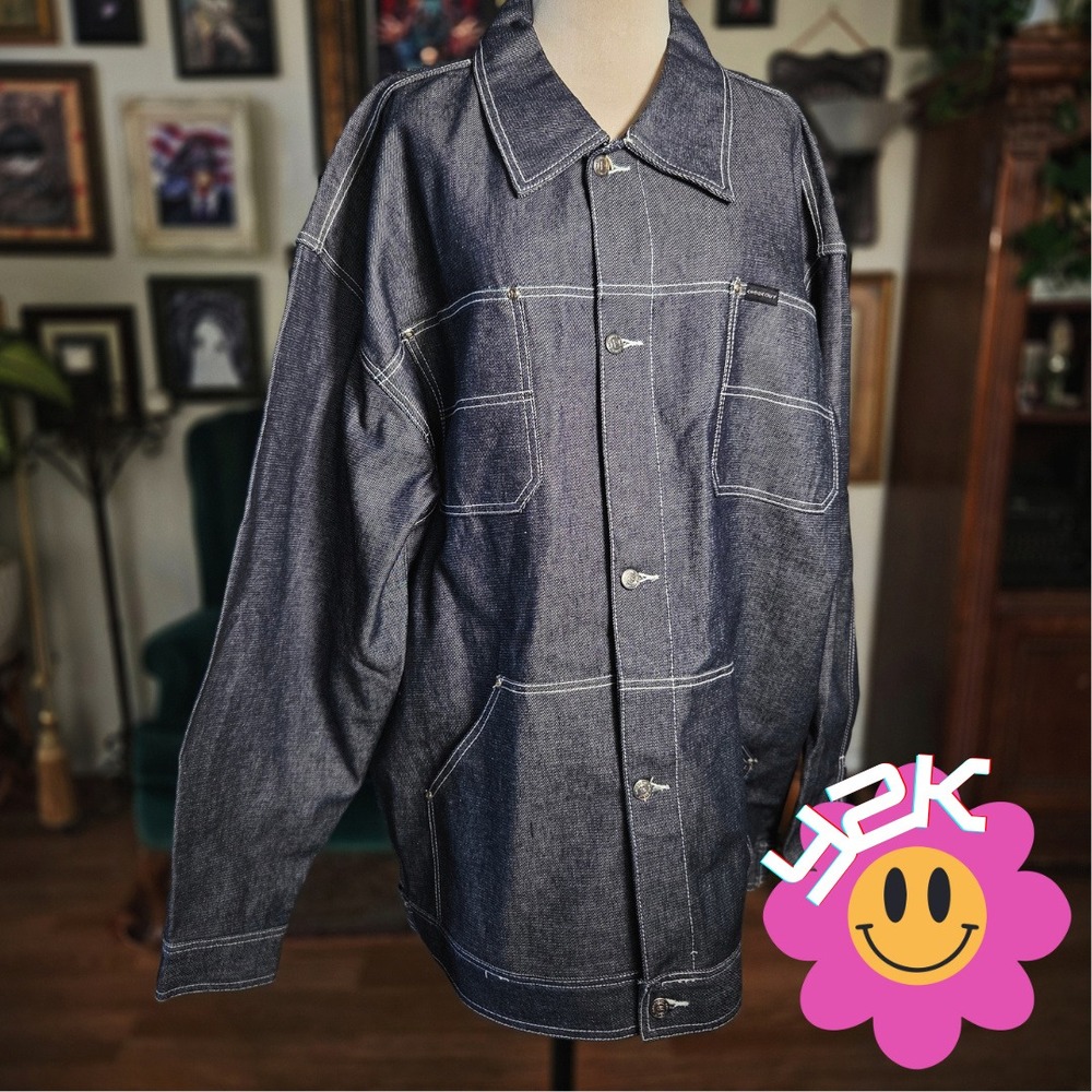Knockout Denim Jacket Vintage Y2K Mens 2X Dark Wash Contrast Stitch Streetwear